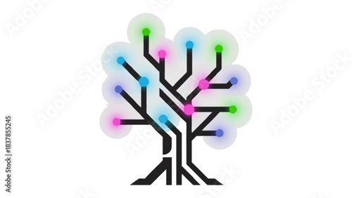 Digital Tree: A captivating illustration of a tree formed by circuits, adorned with radiant nodes. Symbolizes the intersection of nature and technology.