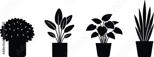 Minimal indoor plant silhouette set in pots, modern houseplant icon collection isolated on white for branding, print, decoration design projects