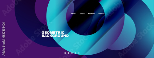 Abstract geometric background features vibrant blue, purple hues. Navigation includes work, about, portfolio, contact options. Modern design.