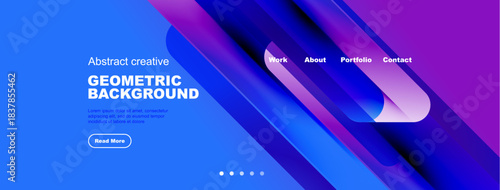 Abstract blue purple background. Geometric shapes, text elements, navigation menu present. Modern design for website header or banner.