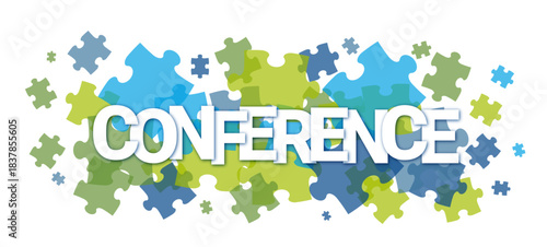 CONFERENCE typography vector banner with multicolored jigsaw puzzle background