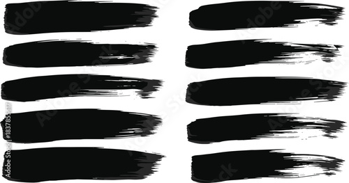 Collection of ten black paint brush strokes on a white background