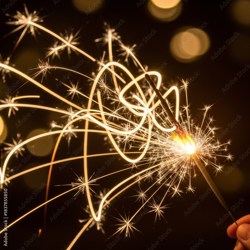 Obraz premium Glowing gold sparks and motion blur trails captured in high contrast night photography.