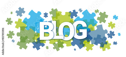 BLOG typography vector banner with multicolored jigsaw puzzle background