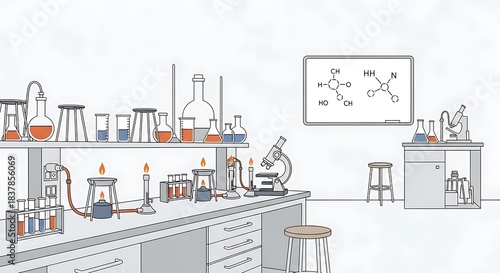 Scientific Laboratory Setup with Beakers and Test Tubes.