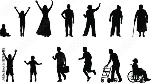 Silhouette vector collection of diverse people in various life stages and activities, representing childhood, adulthood, aging, mobility support, movement, and daily routines