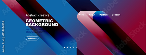 Modern website header design. Blue, red gradients create dynamic geometric shapes. Text details portfolio information, read more button visible.