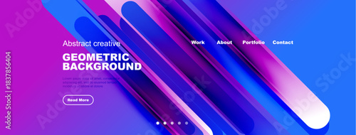 Abstract geometric design. Vibrant purple, blue hues dominate. Website header with navigation options present. Modern aesthetic.