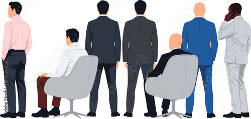 A diverse group of professional men in various business attires, representing corporate workforce dynamics, leadership roles, and modern office environments