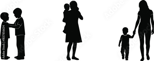 Silhouette vector illustration of children interacting, mother holding baby, and parent walking with child, representing family bonding and everyday life moments