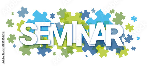 SEMINAR typography vector banner with multicolored jigsaw puzzle background