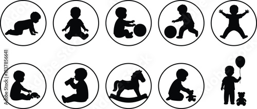 Silhouette vector illustration of babies playing, crawling, sitting, standing, and interacting with toys in round icons for childcare and childhood design