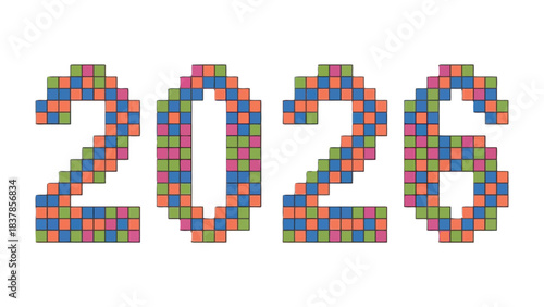 Year 2026 Pixelated: A vibrant, pixelated representation of the year 2026, composed of colorful squares, stands out on a clean background, symbolizing the digital age and future
