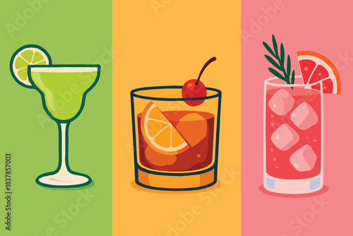 Triple Panel Cocktail Collection: Margarita, Old Fashioned, And Pink Fruity Drink On Bright Backgrounds