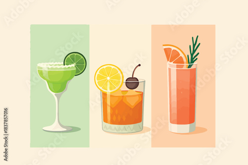 Colorful cocktail trio in panels—green margarita, amber old fashioned, and pink citrus drink—with fresh garnishes and bright tones, evoking summer parties, bar menus, mixology, and celebrations.