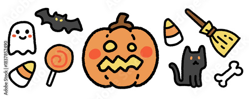 Cute Halloween Sticker Set with Pumpkin, Ghost, Bat, Candy, Black Cat, Bone and Broom – Hand Drawn Cartoon Holiday Illustration 