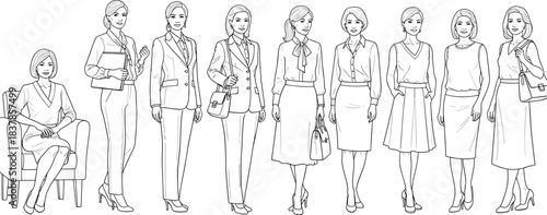 Stylish Women's Fashion: A collection of illustrations showcasing the diverse outfits of stylish women, embodying elegance, grace, and modern sensibilities in various settings. 