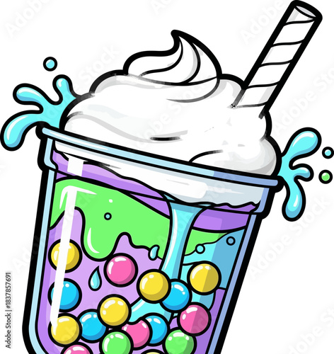 Colorful Boba Tea Delight with Whipped Cream and Straw.