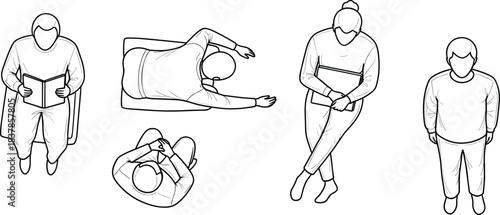 Human Forms: A collection of stylized human figures, captured in diverse poses from a unique aerial perspective, perfect for architectural visualization and design projects. 