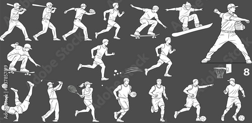 Dynamic Sports Figures: A compilation of energetic figures captured in diverse sporting actions, embodying motion and athleticism across various disciplines.