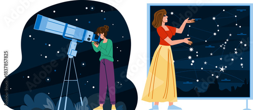 Women exploring space and constellations with telescope