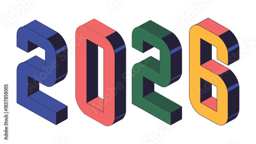 Year 2026 Typography: A dynamic display of the year 2026, rendered in a bold, vibrant, and multi-colored isometric font. This design represents vision and modernity. 
