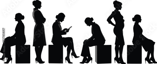 Silhouette of women with Various Postures: A dynamic display of female silhouettes illustrating various postures and activities, showcasing diverse aspects of femininity, from work to contemplation.