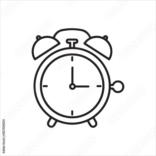 Simple black and white line art icon of a classic twin bell alarm clock showing the time as three oclock