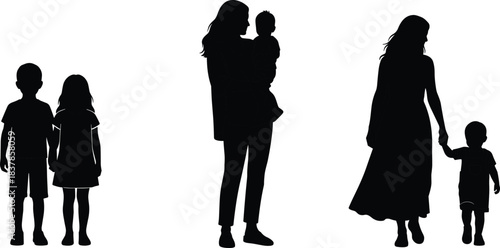 Silhouette vector illustration of mother with children, family bonding moments, parent and kids walking and standing together for creative design projects