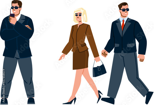 Bodyguard team protecting business executive woman walking