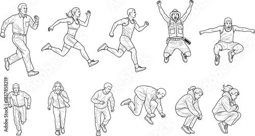 Running and Jumping Illustration: Dynamic illustration of various people engaged in running and jumping actions, showcasing energy and movement in different forms.
