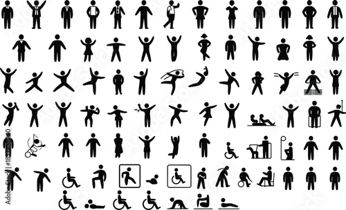 Extensive collection of black human pictogram icons illustrating diverse activities and abilities Keywords: people, human