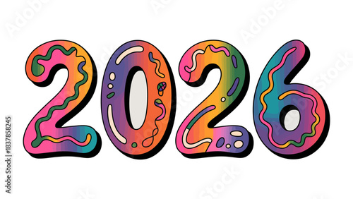 Colorful 2026 Typography: A vibrant and eye-catching design features the year 2026, rendered in a psychedelic, artistic style with playful patterns and bold colors.