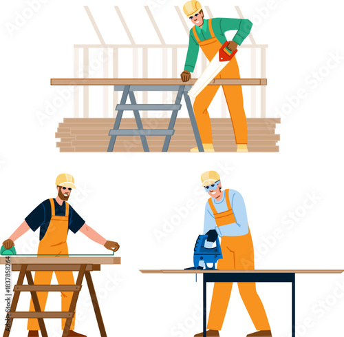 Carpenter men performing woodworking tasks with tools