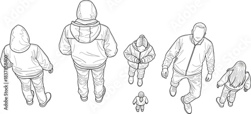 Human Silhouette Set:  Illustrative top-down view of six anonymous individuals in various poses, donned in casual outerwear, forming a collection for conceptual design. 