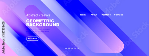 Abstract geometric background design. Website header with navigation elements, text, button. Modern style, vibrant colors.
