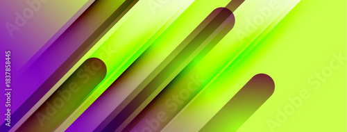 Abstract gradients form dynamic lines. Purple, green hues blend, creating modern visual effect. Brightness contrasts emphasize shapes.