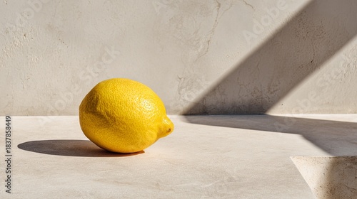 Zesty Lemon SunKissed Citrus Still Life Against Beige Stone Surface.