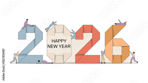 New Year 2026: An Illustration of Unity and Optimism: In a vibrant illustration, a group of individuals join forces to construct the year 2026.