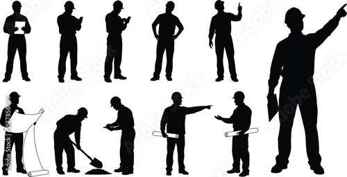 Construction Silhouette: A series of silhouetted figures engaged in various construction tasks, capturing the essence of the building industry and the diverse roles within it.