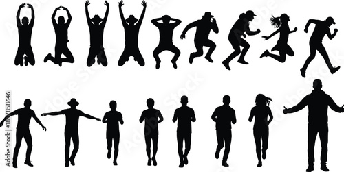 Dynamic Human Silhouettes: A collection of active human silhouettes capture a spectrum of movement, from leaps and bounds to runs and stretches, ideal for design project