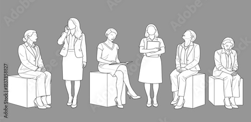 Businesswomen in Illustration: A representation of modern businesswomen in stylish attire, gathered against a neutral background. Ideal for business, office, and concept illustrations.