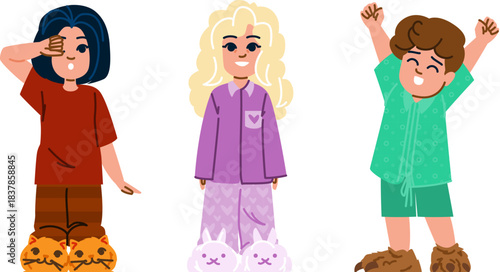 Children wearing pajamas and cozy animal slippers