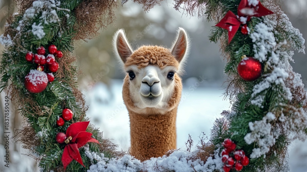 Naklejka premium alpaca framed by holiday wreath, snowy field behind .