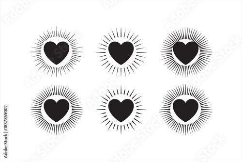 Radiant heart icon collection with bold sunburst rays for romantic design