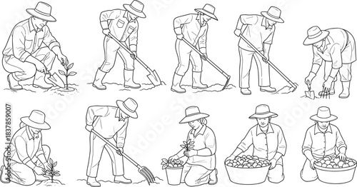 Farmer Cultivating Plants in Field Illustration, Outdoor Environment, Step-by-Step Process