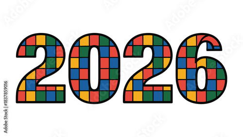 2026 Typography: A vibrant and colorful depiction of the year 2026, composed of a patchwork of geometric shapes and eye-catching hues. 