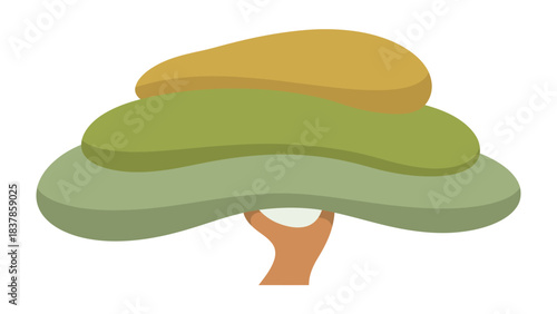 Cartoon Tree: This cartoon tree stands out with its layered, multi-hued canopy atop a slender trunk, evoking a sense of playful nature, design and simplicity.