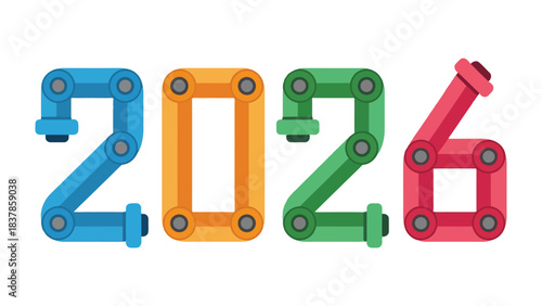 Creative 2026 Typography: A dynamic display showcasing the year 2026 through an inventive typography design, using vibrant colors and mechanical components to signify progress. 