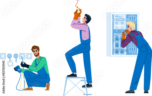 Electricians performing electrical installation and repair work